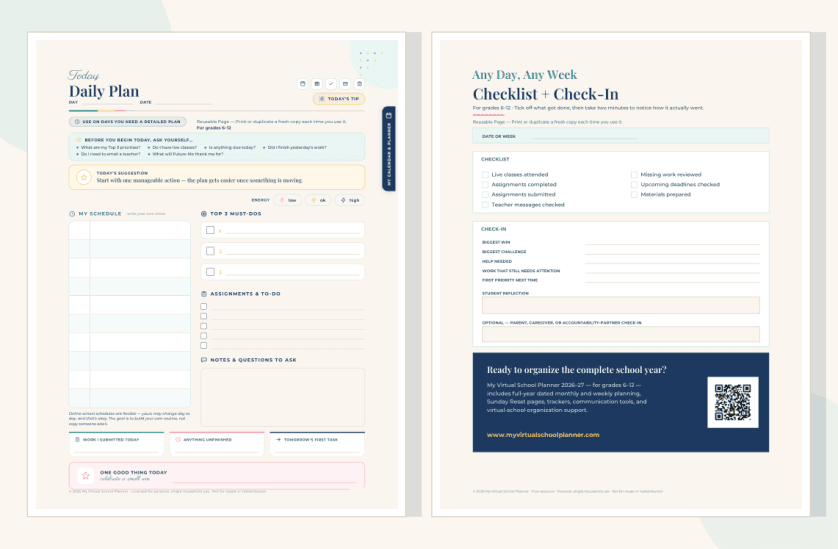 Preview of the two free Daily Planner pages — a Daily Plan page and a Checklist + Check-In page for grades 6–12